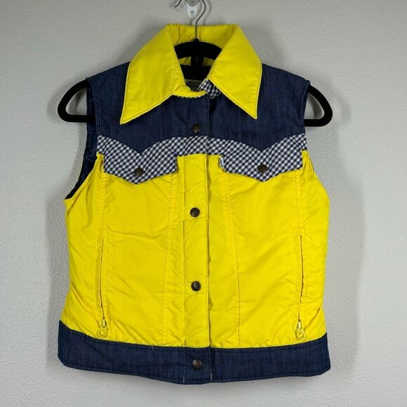 Vintage Levi’s Kids Goose Down Snap Front Ski Vest Yellow Denim Plaid Size 7/8 - Picture 1 of 10